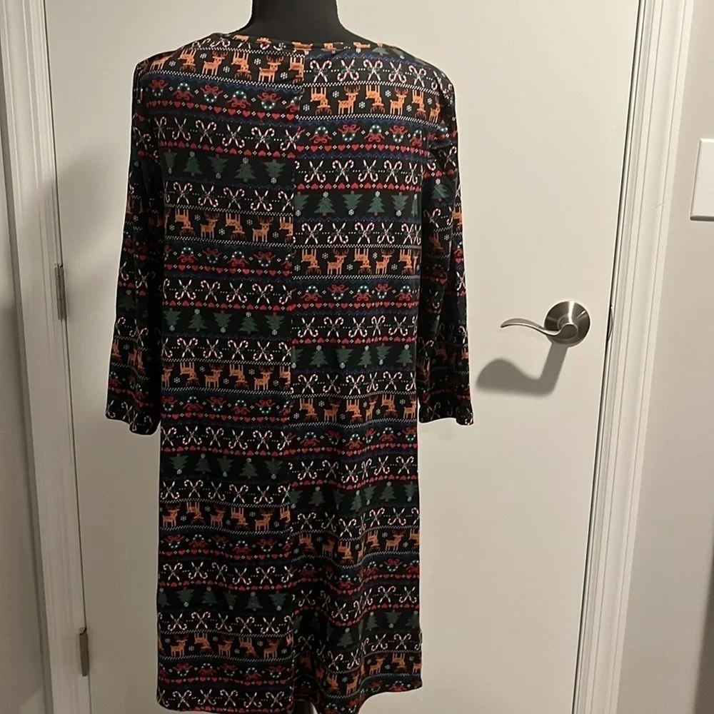 EUC Dress Works Christmas Dress Black with Reindeer Candy Cane Trees Hearts Sz S